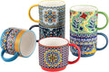 HENXFEN LEAD Coffee Mugs Set of 6, 12 oz Stackable Ceramic Coffee Cups with Large Handles, Boho Mug Set for Coffee, Tea & Hot Cocoa, Dishwasher & Microwave Safe