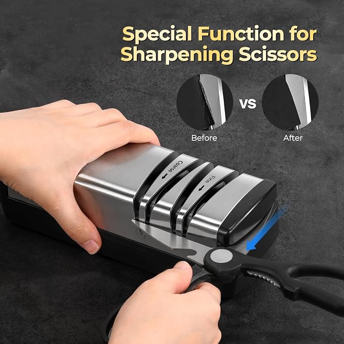 Narcissus Knife Sharpener, Protable Diamond Electric Knife Sharpener for Stainless Steel and Ceramic Knives, with Scissors Sharpener & Metal Dust Collection Box, Quick Sharpening & Polishing, Silver