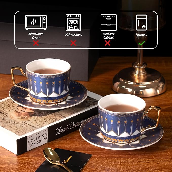 KAMMAK Tea Cups and Saucers Set of 2, Porcelain Coffee Cups, Stackable Espresso Mugs, Ceramic Demitasse for Coffee, Latte, Americano, Tea, Lighthouse of Alexandria