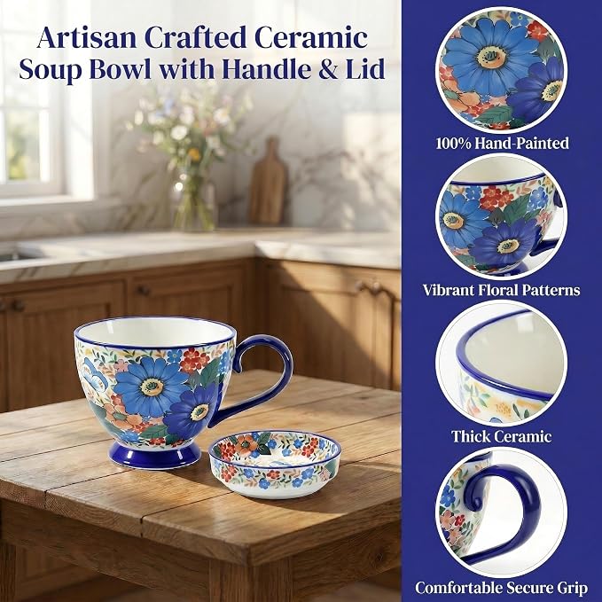 Hand-Painted Ceramic Soup Bowl with Handle & Lid, Large Coffee Mug | 17oz Polish Pottery Decorative Tea Cup & Saucer, Microwave Safe Cereal Bowl for Oatmeal, Ice Cream, Snacks, Gifts for Women