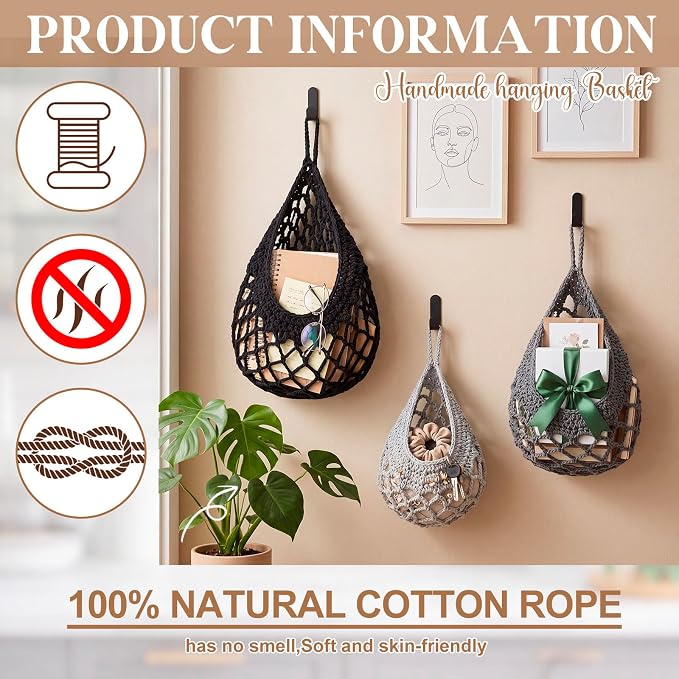 Honeydak Boho Decor Hanging Wall Baskets for Kitchen 3 Pack Teardrop Baskets with Hooks Storage Fruit Onion Vegetable Potato for Home 3 Sizes(Light Grey, White, Dark Grey,Crochet,Cotton Rope)