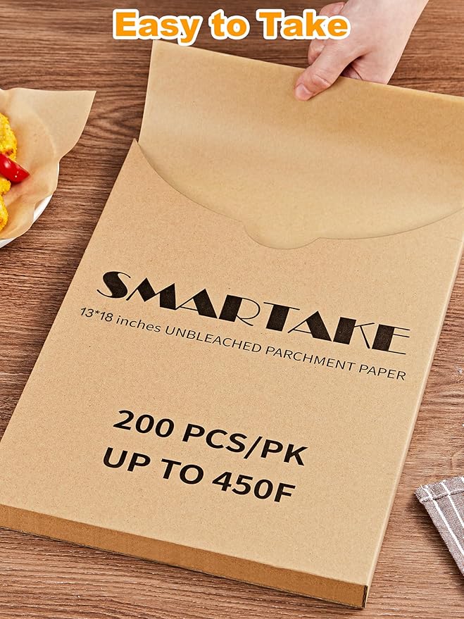 SMARTAKE 200 Pcs Parchment Paper Baking Sheets, 13x18 Inches Non-Stick Precut Baking Parchment, for Baking Grilling Steaming Bread Cup Cake Cookie and More (Unbleached)