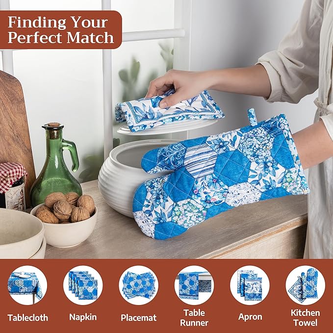 Maison d' Hermine 100% Cotton Oven Mitt & Pot Holder Set (7.5"x13" & 8"x8") Heat Resistant BBQ Cooking Gloves with Loop Baking Grilling Kitchen Gifts for Mothers Day Spring/Summer (Summer Blues)