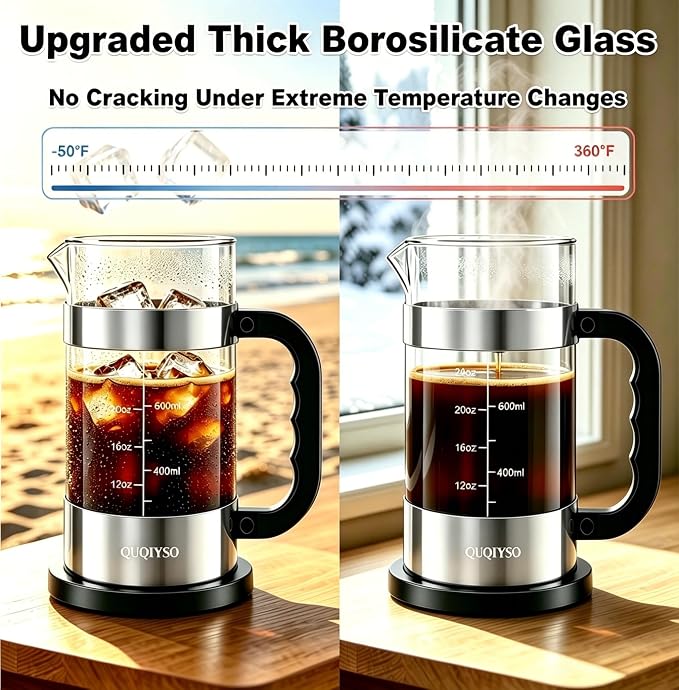 QUQIYSO French Press Coffee Maker, 2.5mm Thick Borosilicate Glass, 4 Layer Stainless Steel Filter, BPA Free Cold Brew Coffee Maker & Teapot, Durable Coffee Press for Home, Travel, 34oz, Silver