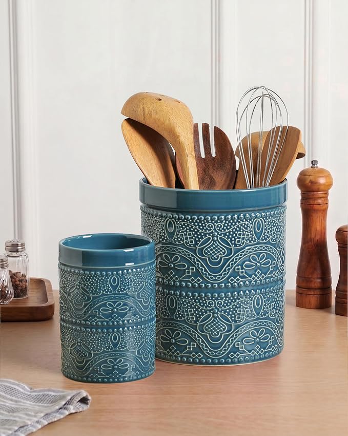 FUN ELEMENTS Kitchen Utensil Holder, 7.2+5.5" Super Large Utensil Crock Heavy and Stable Lace Emboss Ceramic Utensil Holder for Kitchen Counter(2Pcs Grayish Blue)