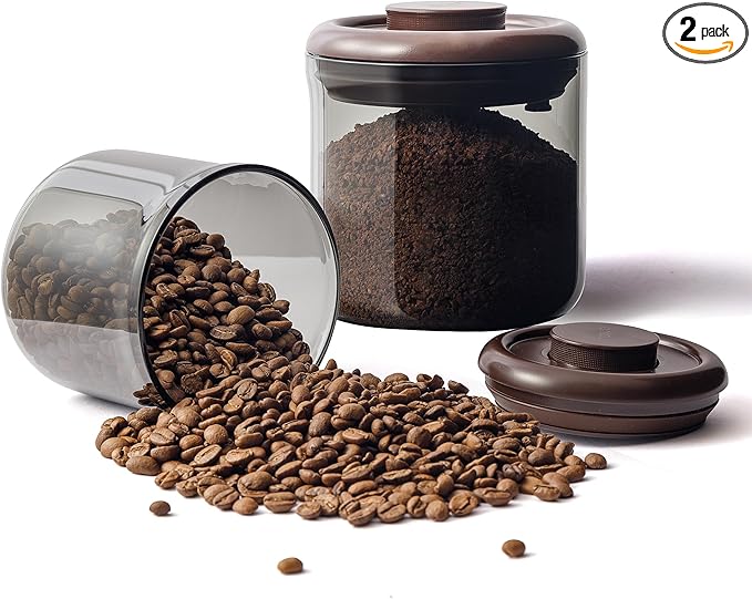 Coffee Canisters with Airtight Lids- Amber Glass Coffee Container with One-Way Valve to Lock in Freshness - Ideal for Coffee Bean, Dry Food Storage, Compact 6OZ Jar for Countertop, 2 Pack