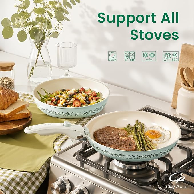 Chef Power Ceramic Cookware Set Non Toxic with Detachable Handles, Healthy Nonstick Decal Pans and Pots Set 14 Pcs, Induction Dishwasher Oven Safe Kitchen Set, Light Green with Olive branch