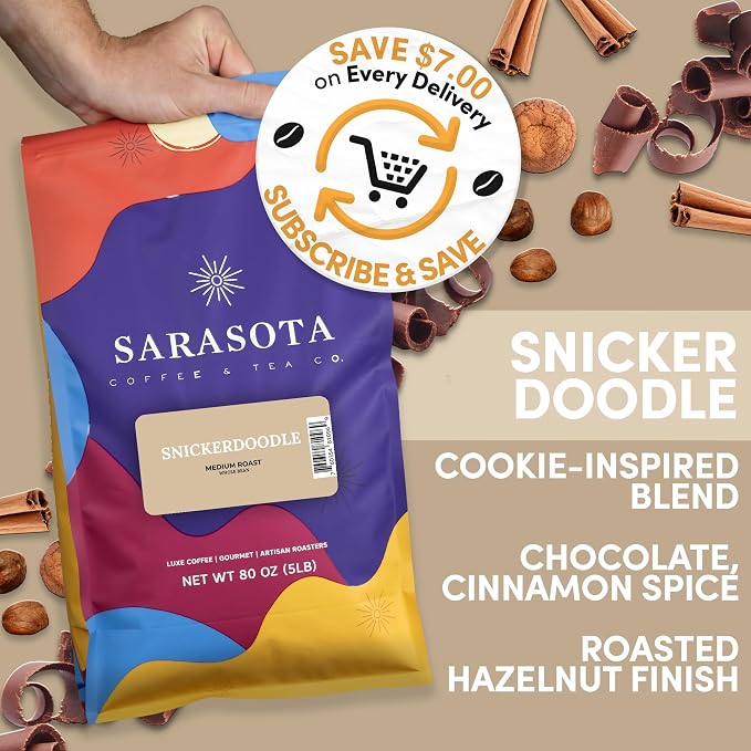 Sarasota Coffee Whole Bean Snickerdoodle Sugar Cookie | Medium Roast Gourmet Flavored Coffee Beans | Low Acid, Mold Free, Specialty Grade Bulk Coffee Beans | 5lb (80 oz)