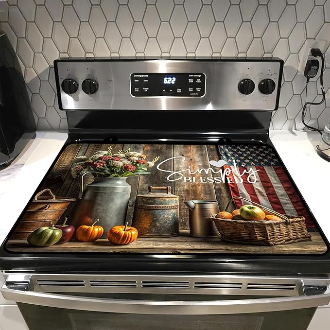 Glass Stove top Cover 28"x 20", Stove Top Covers for Electric Stove, Flat Range Mat for Glass Cooktop, Kitchen Heat-Resistant Protector Non-Slip Drying Mat (Simply Blessed Rustic Items)