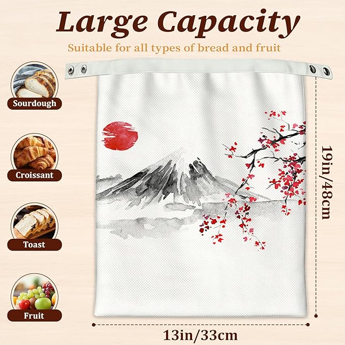 Bread Bags for Homemade Bread, Japanese Cherry Blossom Sun Fuji Mount-2 Pack Linen and Beeswax Sourdough Storage Bags, Reusable Keeper, Keeps Breads Fresh Longer, Gifts for Bakers