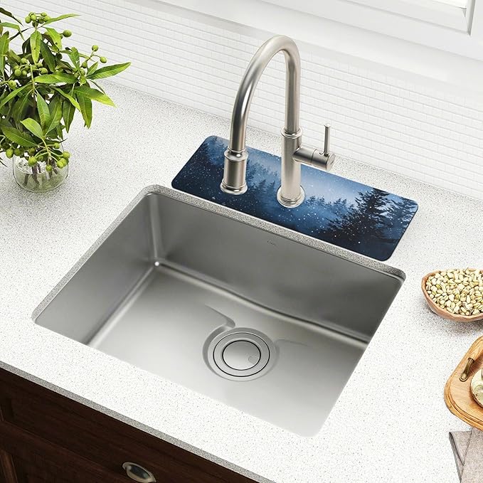 Kitchen Sink Splash Guard 1 PC 30 Inch Sink Faucet Mat Splash Guard for Bathroom Countertop Water Absorbent Foldable Cuttable Soft Washable Watercolor Winter Mountain Blue
