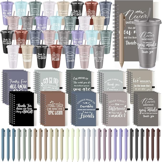 Shellwei 90 Pcs Employee Appreciation Gifts Bulk 24 oz Thank You Tumbler with Lid and Straw Mini Spiral Notebooks and Pens Appreciation Gifts for Team Employee Coworkers Teacher (Bright)