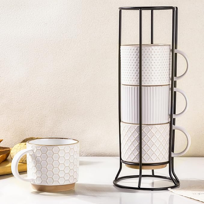 GBhome 12OZ Stackable Coffee Mugs with Stand, Ceramic Coffee Mugs with Texture Patterns for Man,Woman,Dad,Mom, Modern Coffee Cups Set of 4 for Latte/Cappuccino/Cocoa. Dishwasher&Microwave Safe