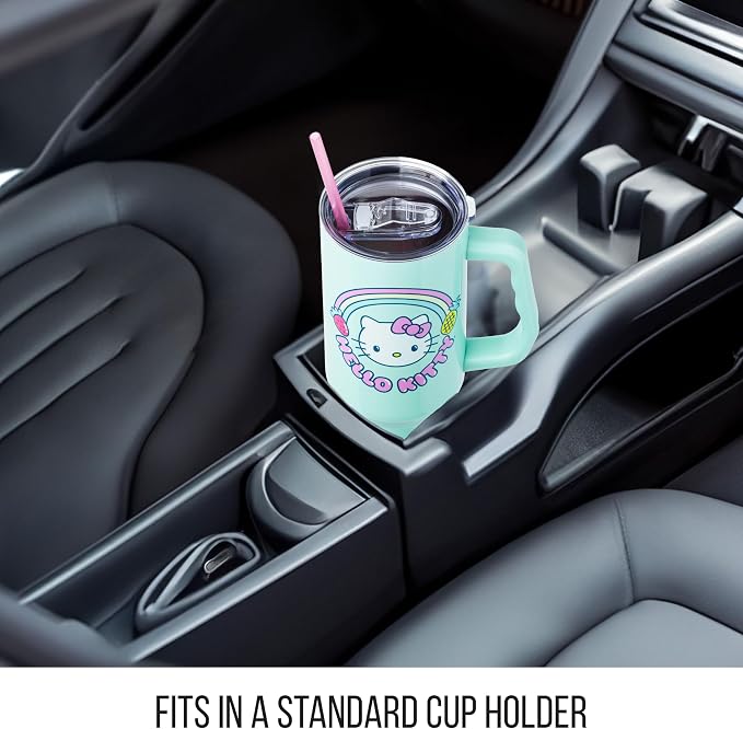 Silver Buffalo Sanrio Hello Kitty Kawaii Strawberry, Pineapple, and Rainbows Double Walled Stainless Steel Tumbler with Handle and Straw, Fits in Standard Cup Holder, 40 Ounces