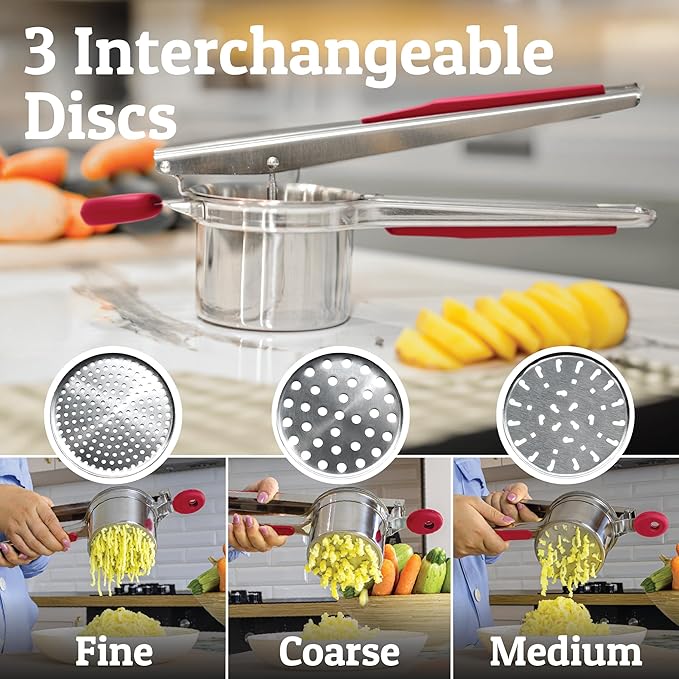 PriorityChef Large 15oz Potato Ricer With 3 Discs, Heavy Duty Stainless Steel Potato Ricer for Mashed Potatoes, Potato Masher, Press and Ricer Kitchen Tool, Red