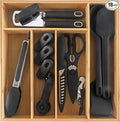 COOK WITH COLOR Bamboo Kitchen Utensil Set with Drawer Organizer | Cooking Tools and Storage Caddy, Black, 18 Piece Gadget Set