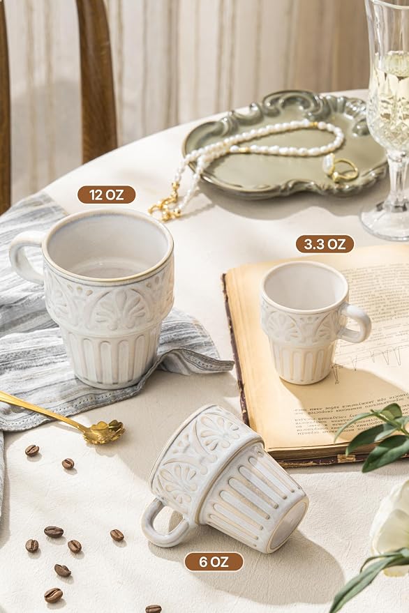 3.3 OZ Coffee Mugs, Ceramic Coffee Mug, Espresso Cups, Stackable Mug, Mug Set of 6, Coffee Cups for Tea Cocoa Cappuccino - Office Party Gathering, Great Gift for Birthday Housewarming Wedding, Beige