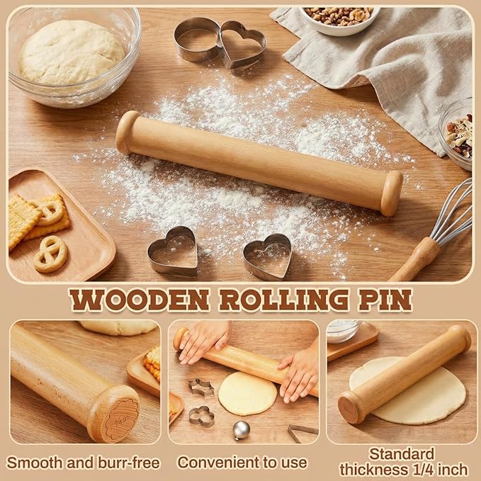 Chengu Wooden Cookie Rolling Pin 1/4-in. Fixed Depth Rolling Pins for Baking Hardwood Dough Roller Cake Supplies for Mothers Day Cookie Cutters Pie Chapati Fondant Gifts Holiday Party Wedding