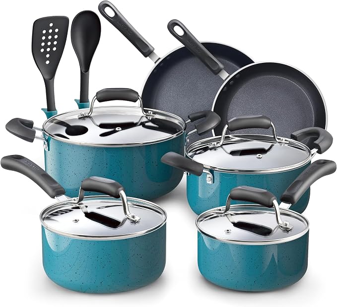 Cook N Home Professional Pots and Pans Nonstick Cookware Set, Kitchen Cooking Set with Frying Pans and Saucepans, Induction Compatible, 12-Piece, Turquoise