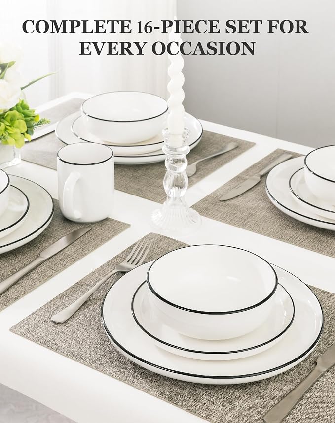 OTAGO 16-Piece Porcelain Dinnerware Set for 4 with Mugs, White Stoneware Plates and Bowls Sets, Ceramic Dish Set for Kitchen, Dinner & Dining, Black Rim, Microwave & Dishwasher Safe