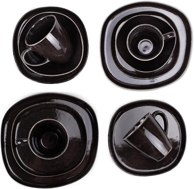 Elanze Designs 16-Piece Modern Luxury Chic Smooth Vintage Handmade Shape High Gloss Ceramic Stoneware Square Plate Mug & Bowl Kitchen Dinnerware 16 Piece Set - Service for 4, Black