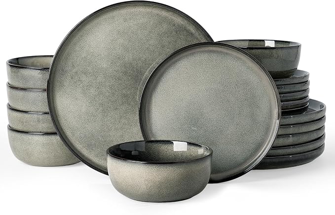 Famiware Milkyway Stoneware Dinnerware Set, 18-Piece, Double Reactive Glaze, Plates and Bowls, Service for 6, Microwave and Dishwasher Safe, Scratch-Resistant, Greenish Brown