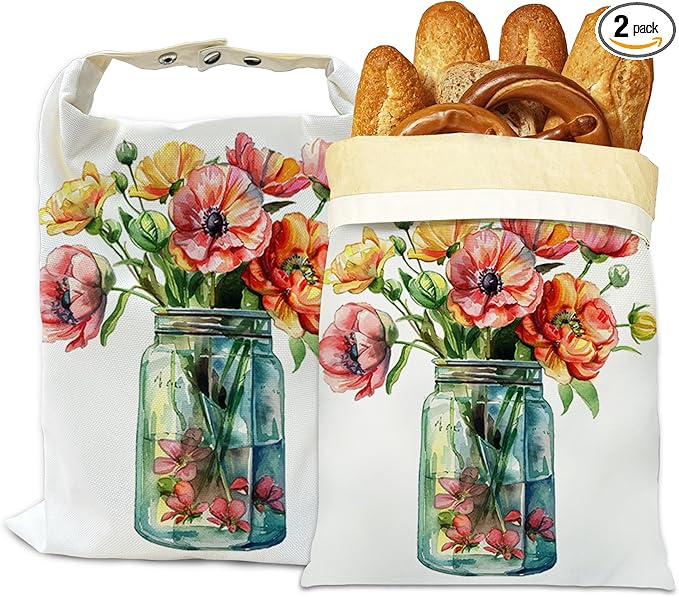 Bread Bags for Homemade Bread, Flowers in Jar 2 Pack Linen and Beeswax Sourdough Storage Bags, Reusable Keeper, Keeps Breads Fresh Longer, Gifts for Bakers