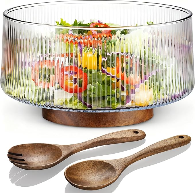 NiHome Extra Large Glass Salad Bowl with Natural Acacia Wood Base & Wooden Serving Utensils for Family Dinners, Parties, Gatherings, Multipurpose Oversized Glass Bowl for Salads(Separate-Piece Design)