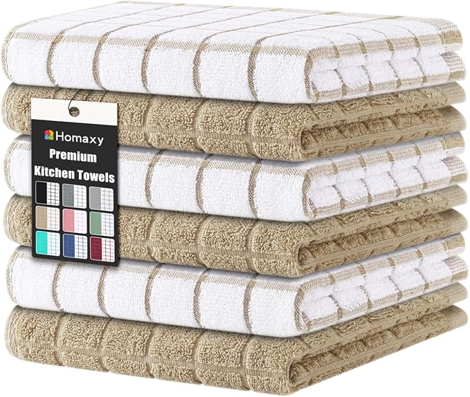 Homaxy Premium Cotton Kitchen Dish Cloths 12"x 12", Natural Ring Spun 390 GSM Dish Rags, Super Absorbent Terry Dish Towels, Soft Dishcloths with Hanging Loop, Tan Check Design, 6 Pack
