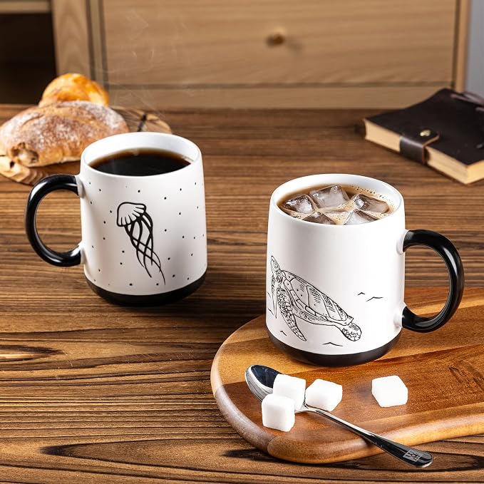AmorArc Large Coffee Mugs Set of 6, 18oz Ceramic Coffee Cups with Sea Life Textured Patterns for Tea Latte Cocoa. Easy to Hold&Clean, Dishwasher&Microwave Safe, Matte