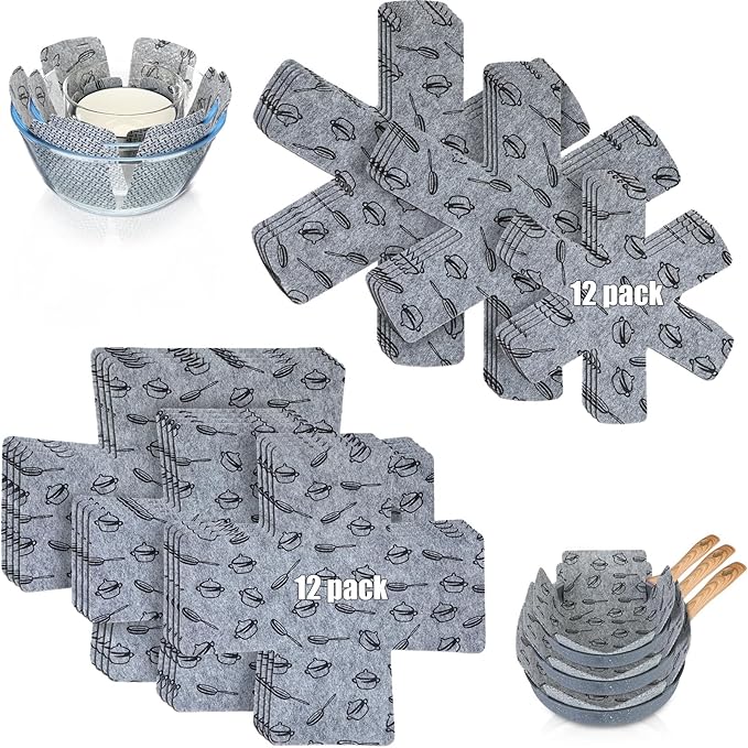 Funnymoom 24 Pack 3 Sizes & 2 Different Shape Pot and Pan Protectors Cookware Protector Pot Dividers, Stacking Separators Pads for Bakeware/pots/pan/Dish, Shape of Cross and Pozidriv(Gray Print)