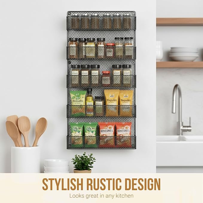 SPICE RACKS Organizer - Country Rustic Wire Style - Great Storage for Pantry, Cabinet and Kitchen - Wall Mounted 5 Tier Shelves