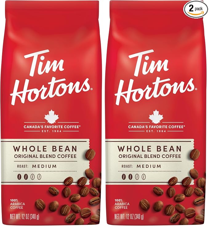 Tim Hortons Coffee, Medium Roast, Whole Bean | 100% Arabica | 12 Ounce Bag | Pack of 2