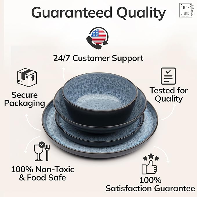 24 Piece Stoneware Dinnerware Set for 6 - Handmade Reactive Glaze Plates and Bowls Set - Chip & Scratch Resistant Dish Set - Dishwasher Microwave Safe - Dark Smoke Blue