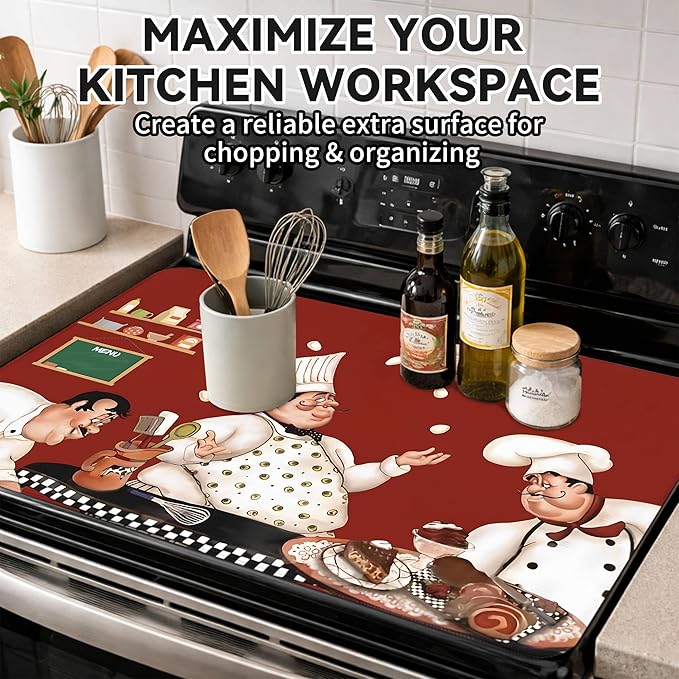 Decorative Stove Top Covers for Electric Stove 28"x20" – Heat Resistant Glass Cooktop Protector Dish Drying Mat – Non-Slip Rubber Backing Washer Top Cover Waterproof Extra Counter Space (Chef)