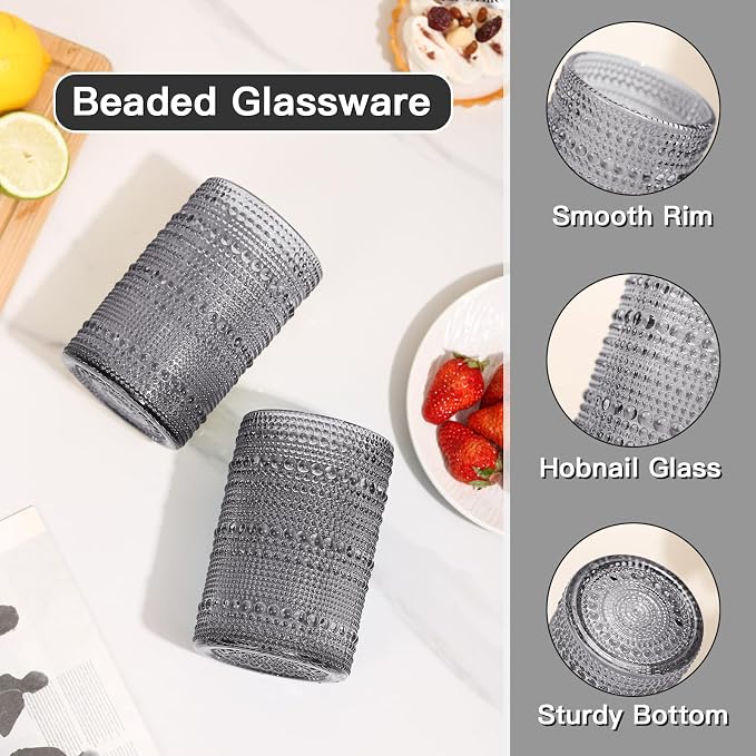 JOVGANK Grey Vintage Hobnail Drinking Glasses Set of 6, Embossed Water Tumbler 15oz, Kitchen & Bar Beaded Highball Glasses, Beverage Glass Cups for Water, Beer, Juice, Housewarming Gift