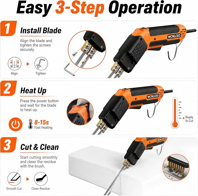 Electric Hot Knife Foam Cutter Kit, Hot Knife Cutting Tool with 8 Blades, R-Shaped Blade, Spade Blade,1.79 in, 3.9in and 7.8 in Blades, Hex Wrench and Brass Brush for Styrofoam, EVA Foam, Foam Board