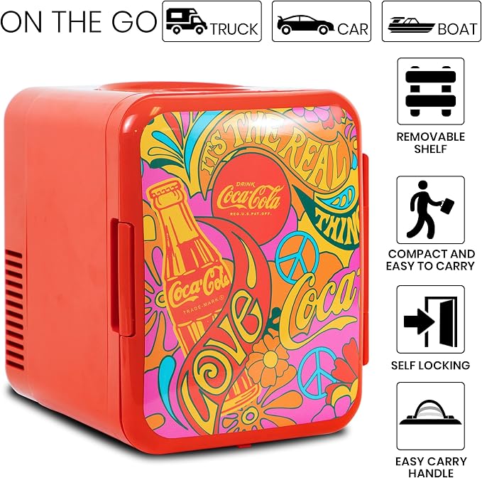 Coca Cola Mini Fridge - Refrigerator for Bedroom Office, Portable Table Top Beverage Cooler, 12V 110V Refrigerador For Drinks, Soda, Wine, Use In Car, Dorm, Outdoor, Patio, 6 Can