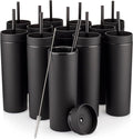 STRATA CUPS Black Skinny Tumblers with Lids and Straws (12 pack) - 16oz Double Wall Acrylic Tumbler, Tall Matte Skinny Tumblers, Bulk with Free Straw Cleaner, Reusable Cups