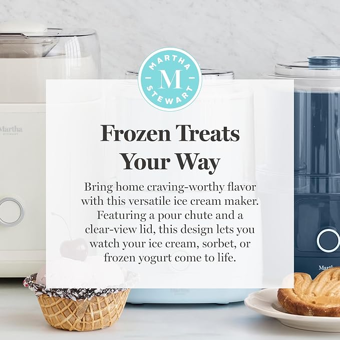 Martha Stewart Ice Cream Maker, 2 Quart Double-Insulated Freezer Bowl, Sorbet & Frozen Yogurt, Ready in 20 Minutes, Mix-Ins Chute, Easy to Clean, Sky Blue