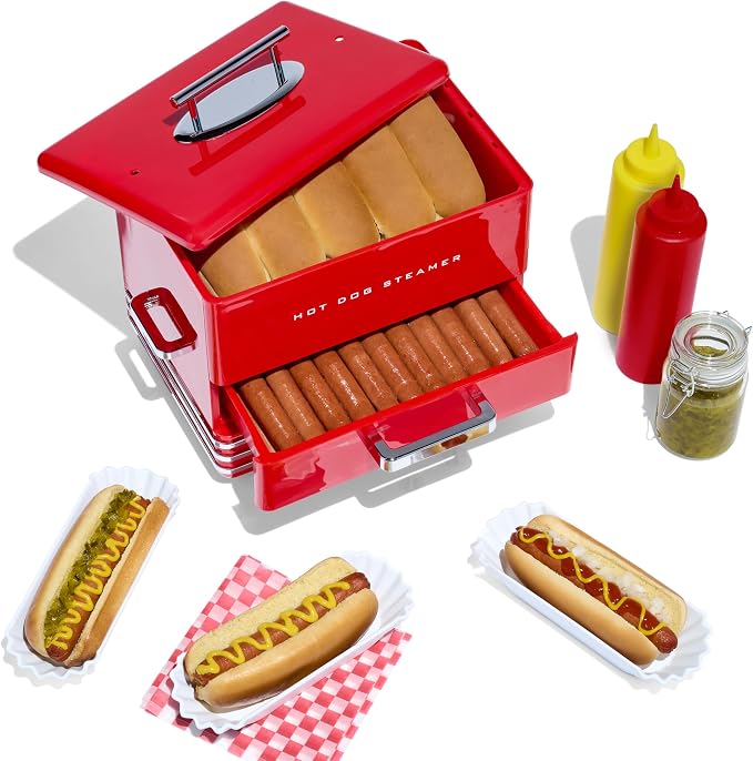 Nostalgia Extra Large Diner-Style Steamer Cooks 20 Hot Dogs & 6 Buns- Hot Dog Steamer for Breakfast Sausages, Brats, Vegetables & Fish- Bun Warmer Steamer Perfect for Game Days or Parties- Red