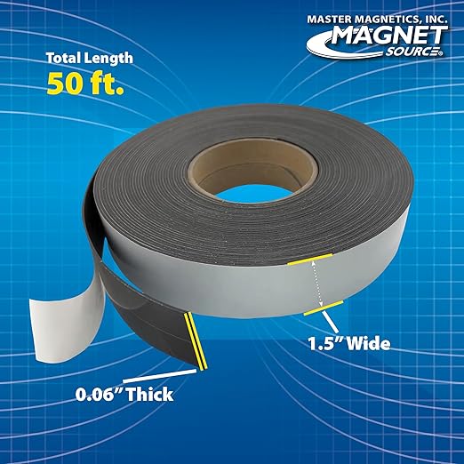 Master Magnetics Flexible Magnet Strip with Adhesive Back , 1/16" Thick, 1-1/2" Wide, 50 feet (1 Roll)
