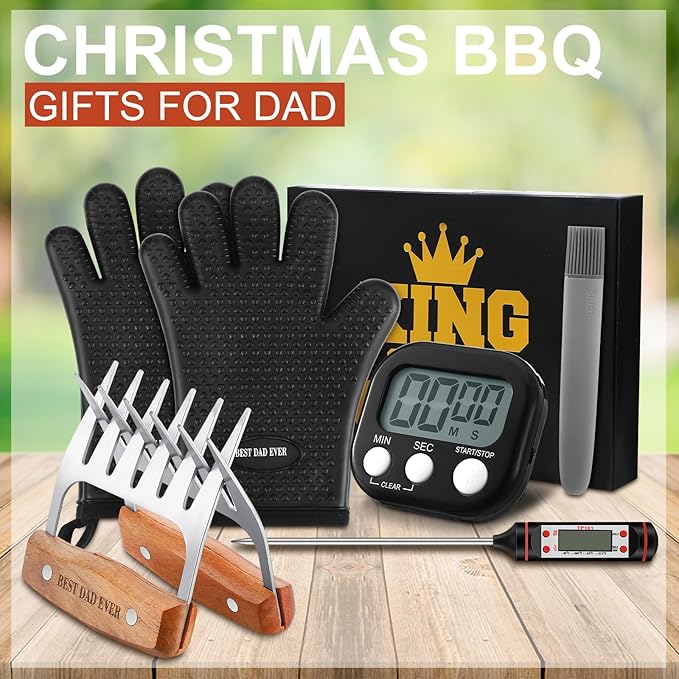 Newtay 8 Pcs Meat Claws for Pulled Pork Smoker Accessories Gifts for Men Dad Meat Claws for Shredding Xmas Stocking Stuffers Brush Grilling Gift with Gift Box, Grill BBQ Gloves, Thermometer, Timer