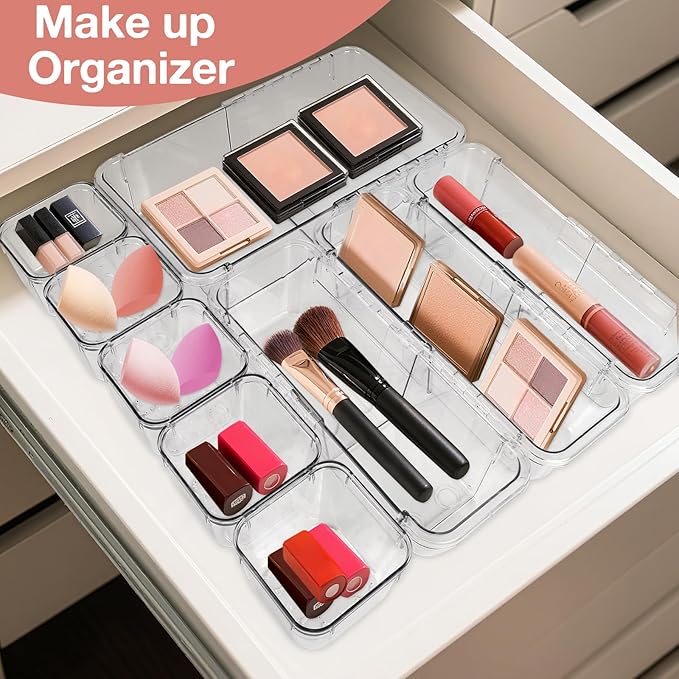IAMGlobal 25PCS Extendable Clear Drawer Organizer, 3-Size Adjustable Vanity Drawer Organizer for Makeup, Cosmetic, Stackable Acrylic Storage Bins for Bathroom, Kitchen, Office