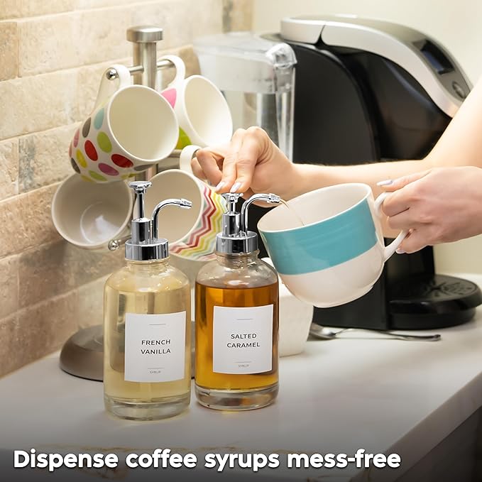 Spaceneat Coffee Syrup Dispenser with Pump - Includes 24 Flavor Labels - Glass Syrup Dispenser for Coffee Bar - Elevate your Beverage Station with 16.9 fl oz Flavoring Container Bottles, 2pcs, Silver