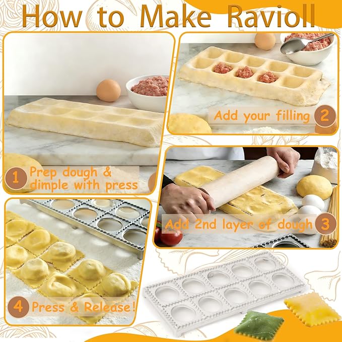 8 Piece Ravioli Press Mold Set,Pasta Making Tools, Ravioli Kit Include 10 Holes Ravioli Maker, 3 Pasta Cutter Stamp Makers,Rolling Pin,Ravioli Making Kit for Home Kitchen Supplies (8)