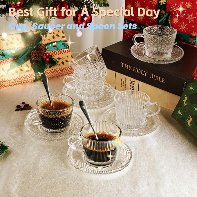 Glass Espresso Shot Cups with Saucers Set of 6, Clear Small Demitasse Cup with Stainless Steel Spoons, Dishwasher Safe Coffee Mugs for Tea Hot Chocolate Cappuccino, 5OZ/150ML, Mix