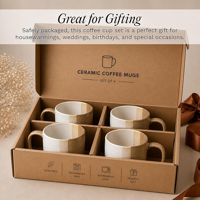 SANGO Phoebe Caramel/White Coffee Mugs Set of 4, 15 oz Stoneware Coffee Mug Set, Big Glossy Ceramic Tea Cup for Cappuccino, Latte, Cocoa, Large Coffee Cups with Handle, Microwave & Dishwasher Safe