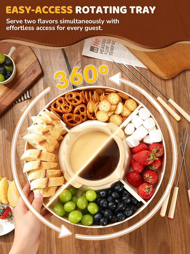 LUSHYUM Electric Chocolate Fondue Set, 4-Cup Chocolate, Rotating Tray | Melt & Warm Modes, Dual Silicone Inserts, 6 Color-Coded Forks, Easy-Clean, Ideal for Candy Melts, Couple Family & Date Night