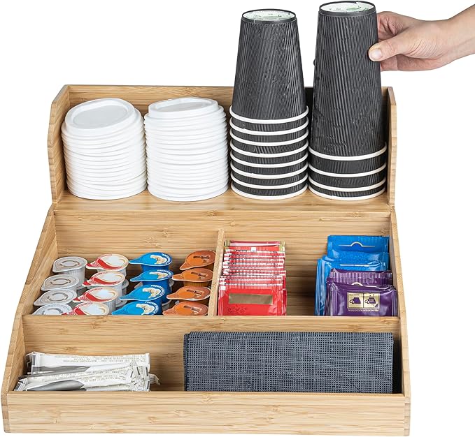 Restaurantware-15 x 14.25 x 9.25 Inch Coffee Condiment Organizer, 1 Countertop Tea Station Organizer - 3 Shelf, Heavy-Duty, Bamboo Coffee Bar Holder, For Breakrooms, Offices, or Homes,